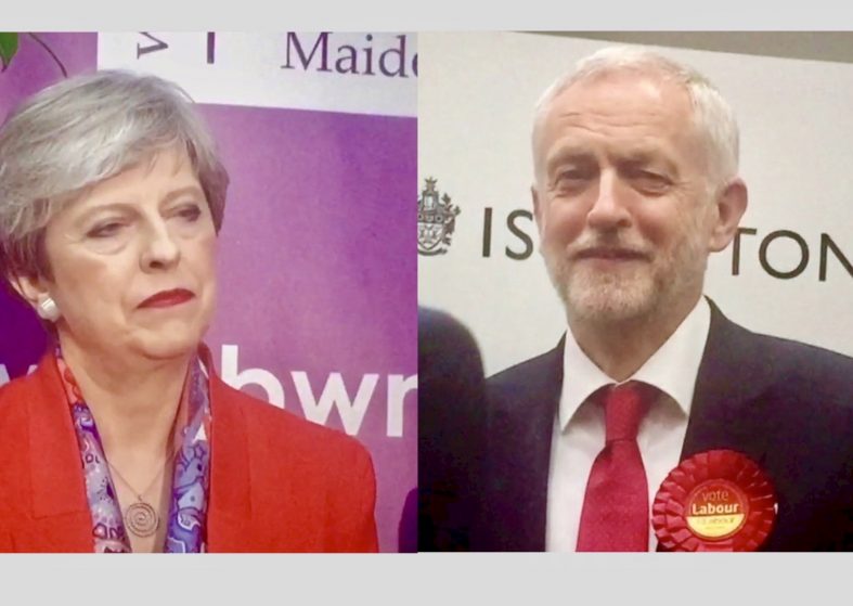 Sky News Vote 2017 over – It’s a Hung Parliament – Theresa May does deal with Northern Ireland’s Democratic Unionist Party Theresa May and Jeremy Corbyn