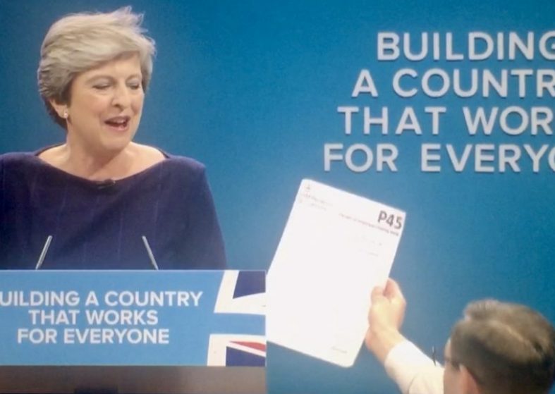 Theresa May Handed P45 Protest – coughing and bad throat were other interruptions Theresa May Handed P45 Protest