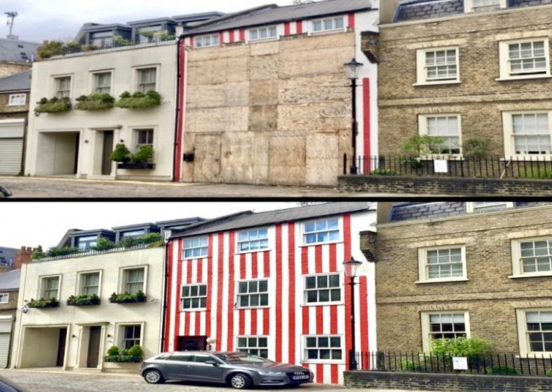 Red Striped House Covered Up – candy stripes hidden by boarding Red Striped House Covered Up